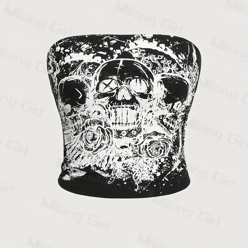 Women's Tanks & Camis Dark Halloween print exposed navel ultra short slim strapless vest