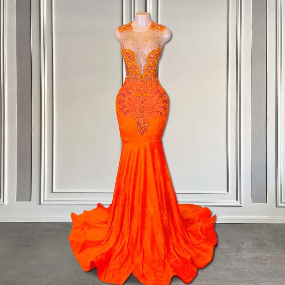 Elegant Long Orange Veet Prom Dress For Black Girls 2025 Rhie Dia Mermaid Birthday Party Gowns Customized Dr0318