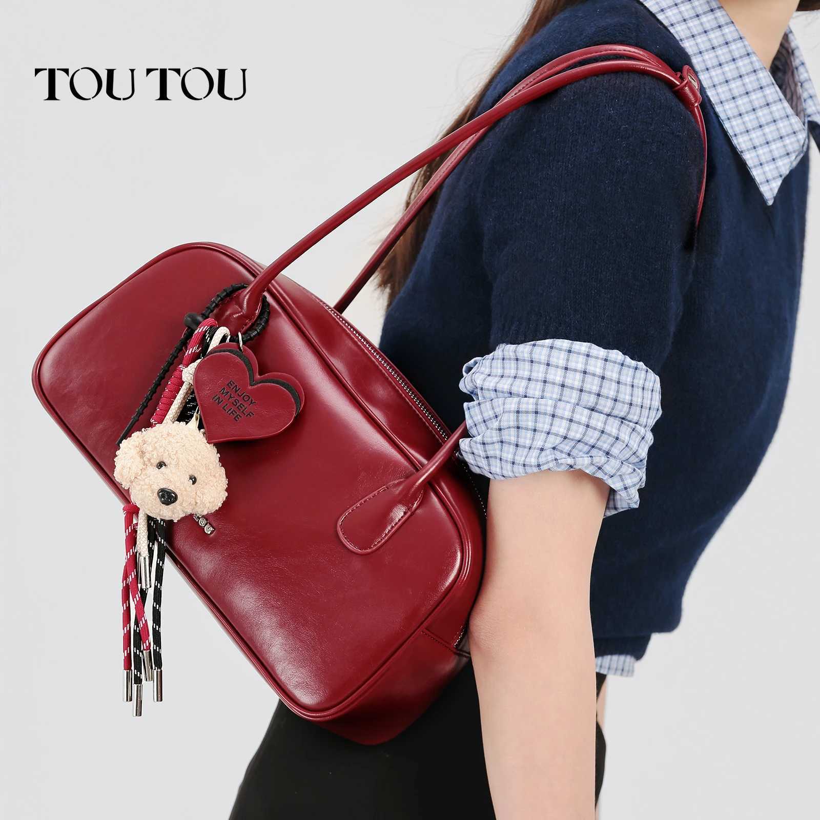 TOUTOU Red Bowling Bag for Wen Dog Rope Pendent Boston PU Underarm Handbag 25cm Shoder Strap 8.3 Inch Laptop Vntine Gift Z250318