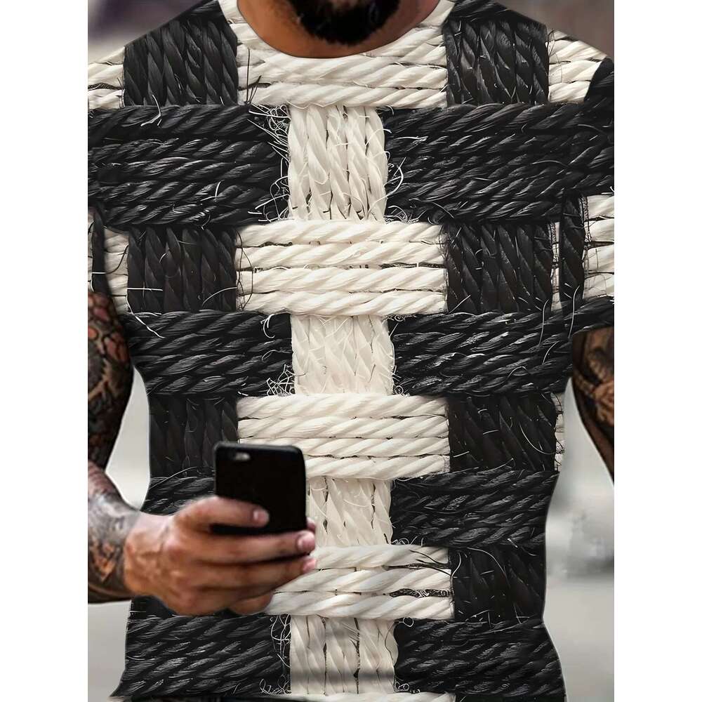 Men's 3D printed striped T-shirt, round neck, short sleeved top, sporty style, summer fashion trend, big