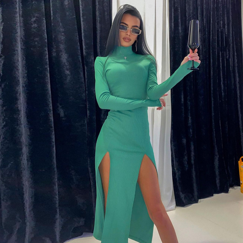 Autumn New Neck Long Sleeved High Slit Irregular Slim Fit Mid Length Solid Color Dress