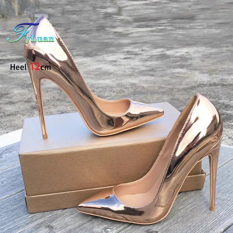 Europe and America Pointed Single Shoes Women Champagne Gold Party Dress High Heels 8CM 10CM 12CM Mirror PU Stiletto Pumps 250317