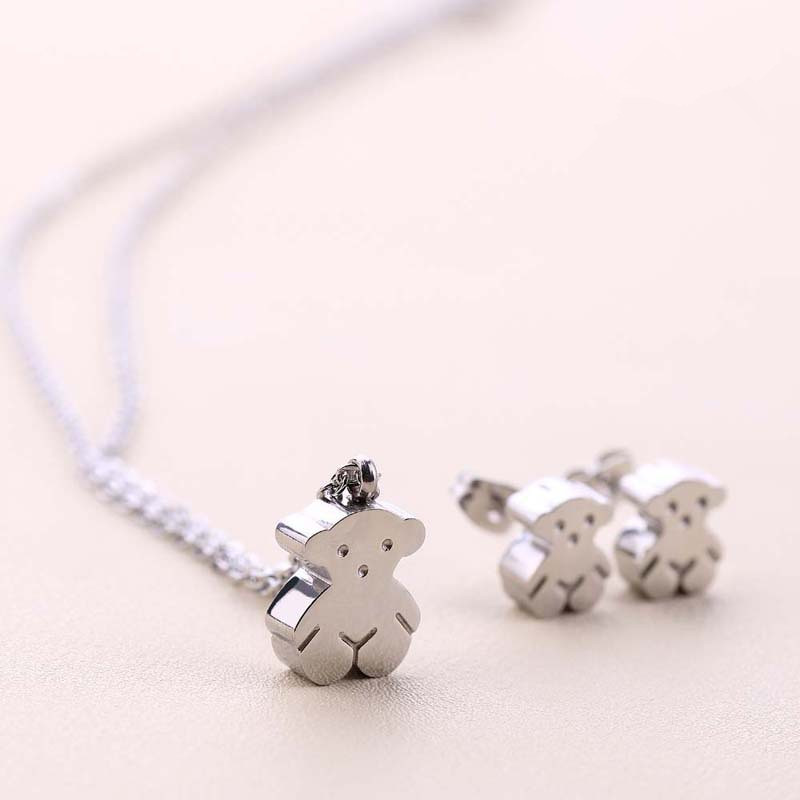 Hot Sale Fashion Women Men Silver Gold Stainless Steel Bear White Pearl Cartoon Animal Span Chain Pendant Necklace Earrings Sets Jewelry