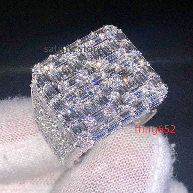 925 Sterling Silver Full Iced out Baguette Diamond Ring Custom Bustdown Hip Hop VVS1 Moissanite Diamond Ring For Men