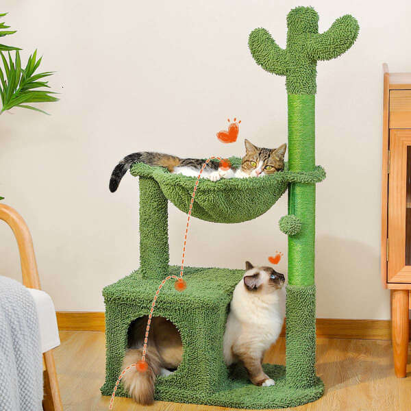Cactus tree 40 inch tower, large metal carpet hammock, indoor cat scratching post, with apartment and hanging ball, green