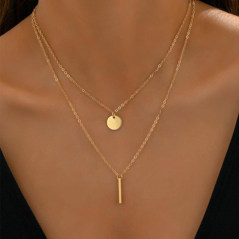 Double Circle Piece Vertical Pendant Necklace Women Simple Everything With Choker Chain Clavicle Chain Jewelry