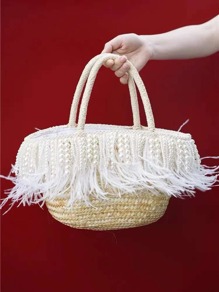 Fashion Pearl Beaded Ostrich Hair Beach Lady Pure Straw Wove Handmade Women Handbag Tote Leisure Holiday Shoulder Bag
