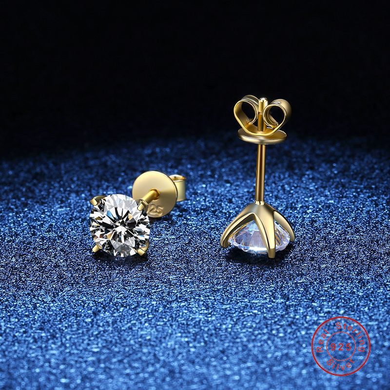 Women Fine Jewelry Solitaire Classical 4 Claw Real 100% 925 Sterling Silver 18K Gold Fill Round Cut White Moissanite Diamond Party Lady Stud Earring G