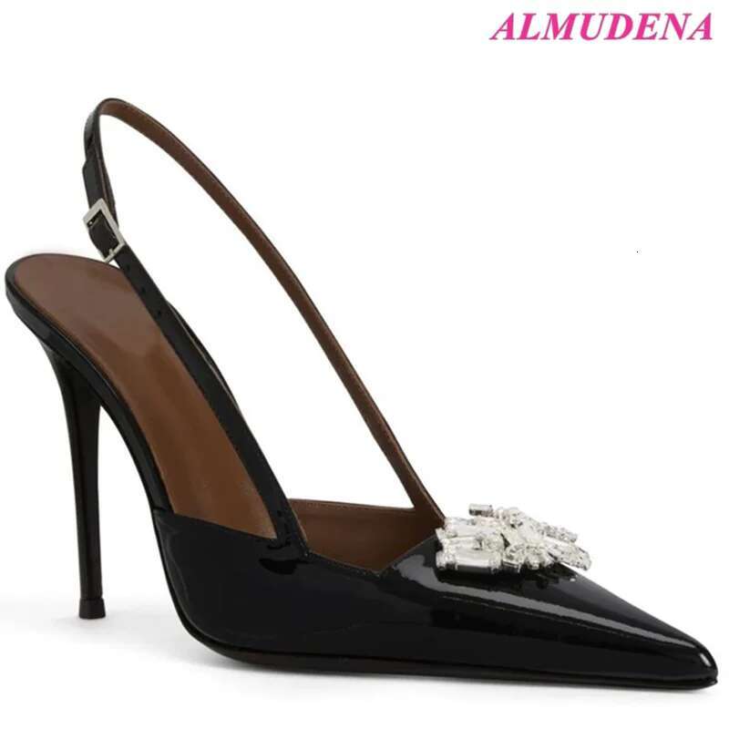 Black Patent Leather Crystal Wer High Heels Sgback Sexy Chic Pumps Women's 2025 New In Summer Designer Party Sandal