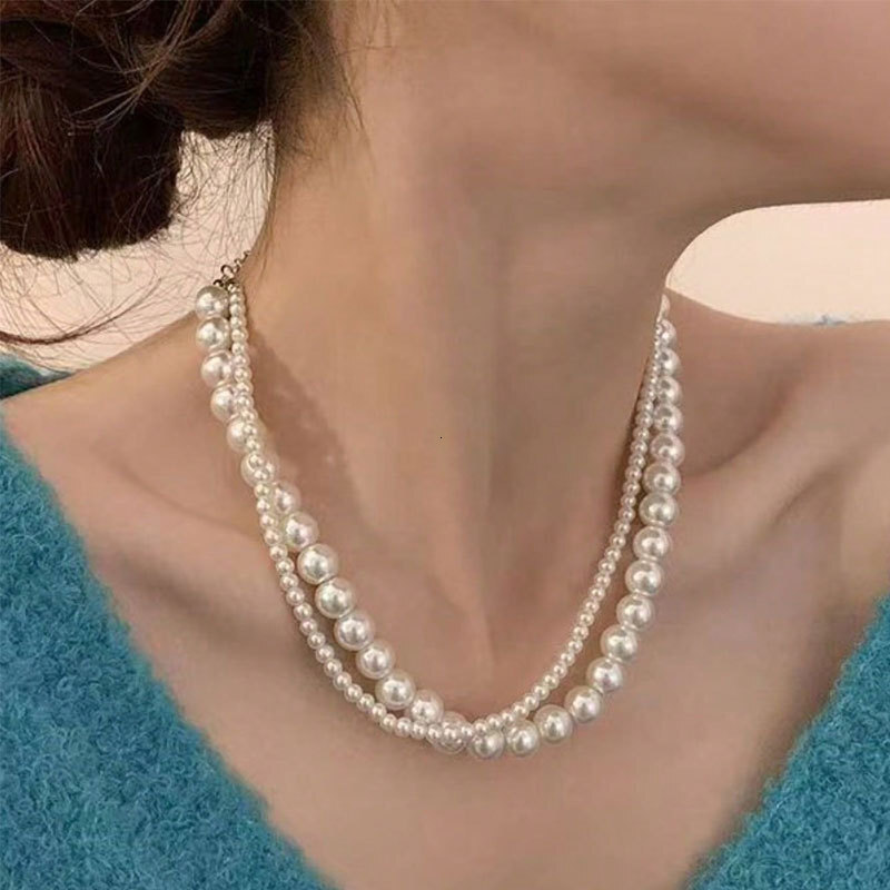 Double Layer Long Imitation Pearl Necklace Women's Multi-layer Choker Collarbone Chain Jewelry