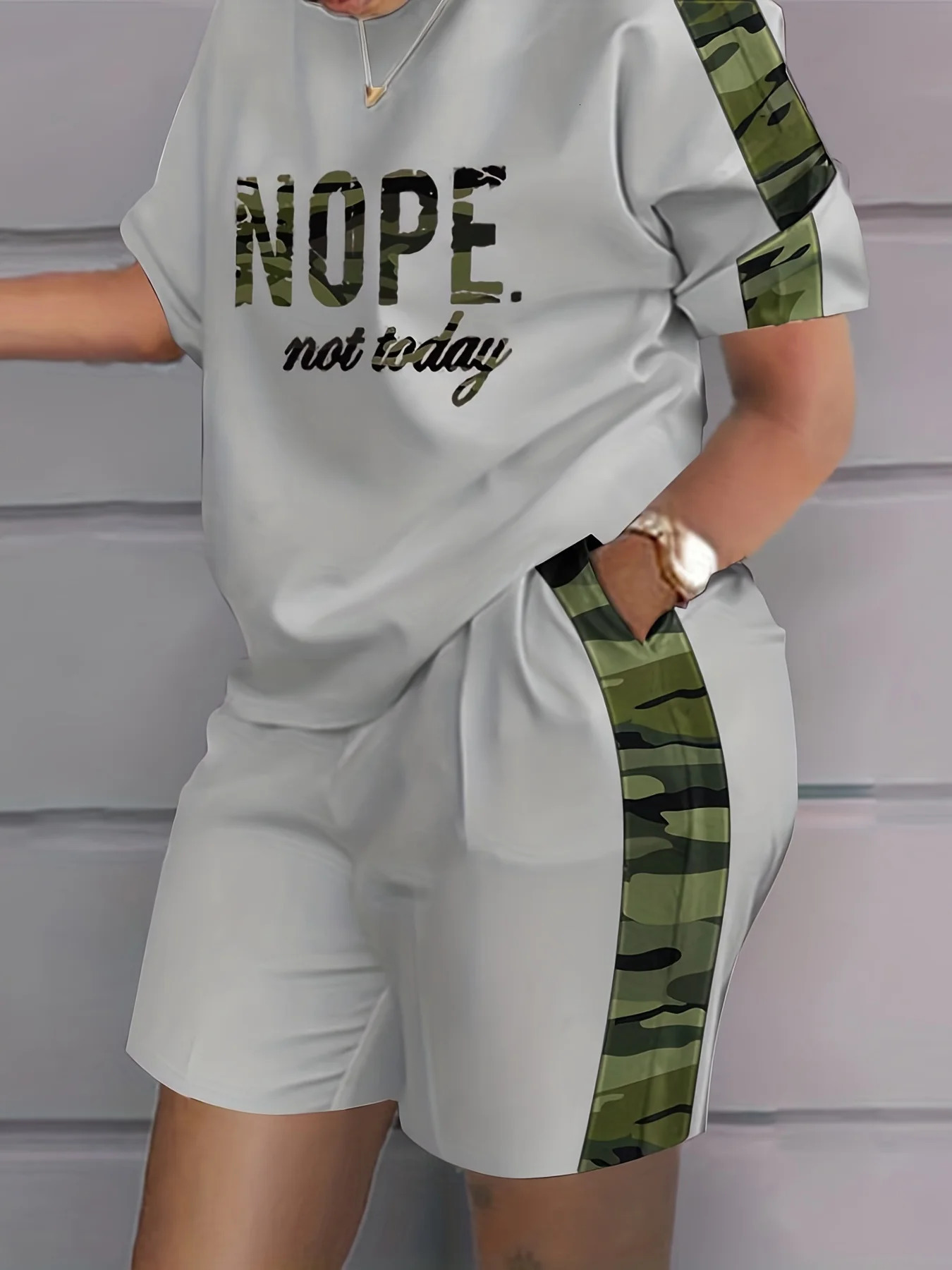 Plus Size Outfits Two Piece Set Womens Plus Letter Print Contrast Panel Short Sleeve Tee Shorts Outfits 2 Piece Set 250318