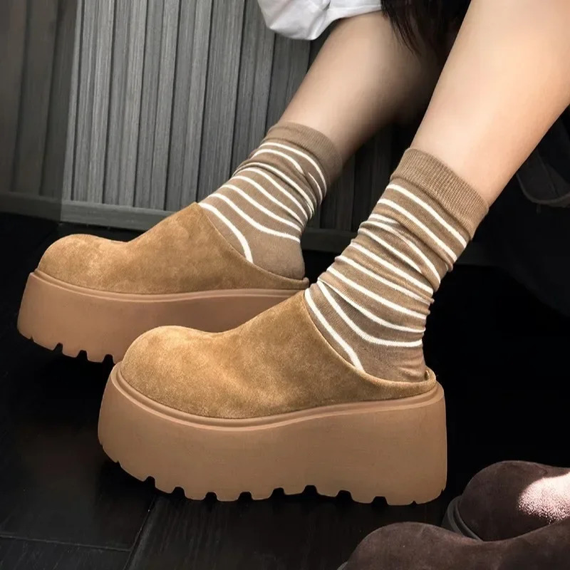 Half Slippers for Women Baotou Shoes Suede Womens Platform Slippers Winter Fluffy Slippers Versatile Loafers Cotton Shoes 250318