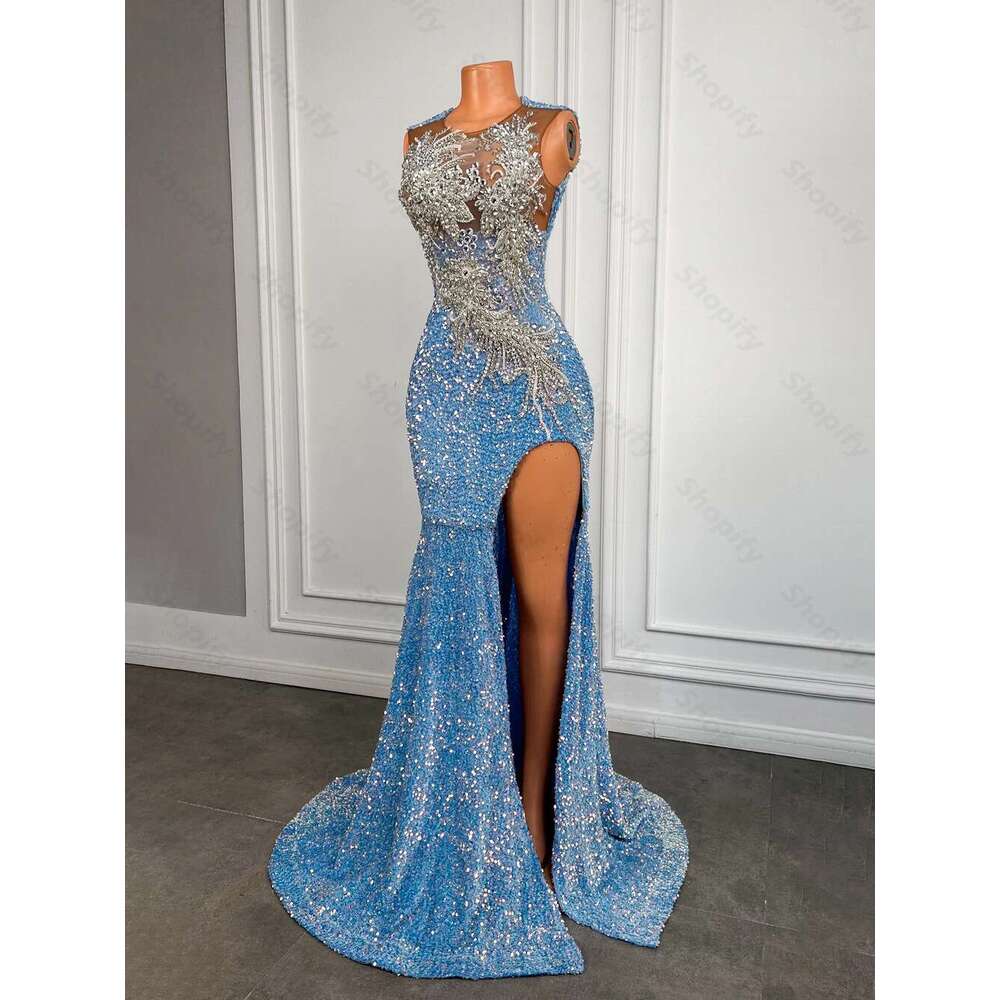 Light Blue Sequin Long Dress 2025 With Slit Sparkly Beaded Crystal Black Girl Mermaid Style Prom Gowns Customized Dr0318