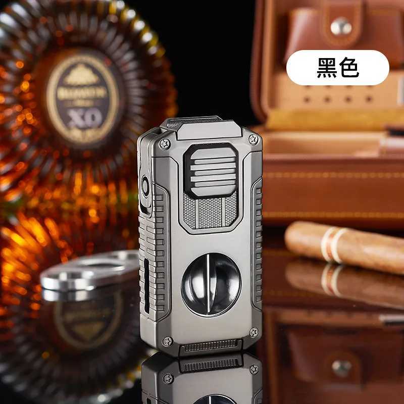 Multifunctional Three-jet Flame Direct Injection Cigar Lighter with Built-in V-shaped Cigar Cutter Portable Five-in-oneC250318