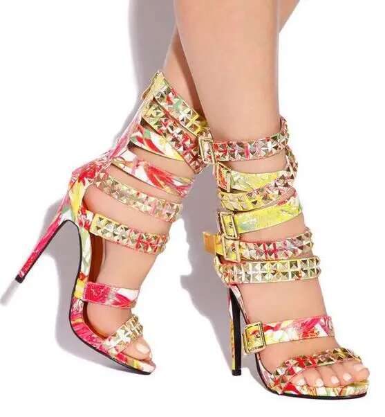 Coloful Snake Square Rivets Studs Straps Buckle Cutout Sandals Sexy Woman Peep Toe Mixed Denim Gladiator Party Sandalias Shoes