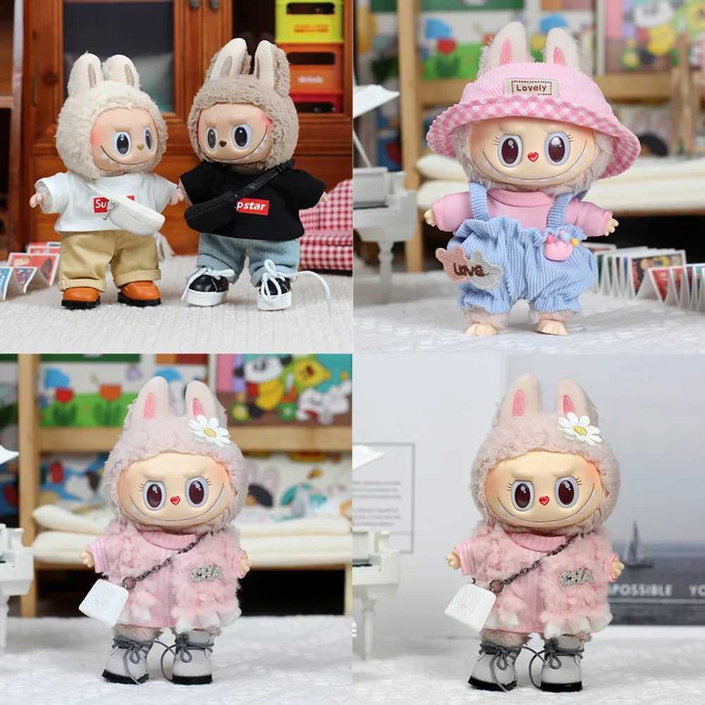 Ropa Labubu 17cm Labubu Fashion Clothing Black perfume Set Pink Plush Coat Set Doll Accessories X250318