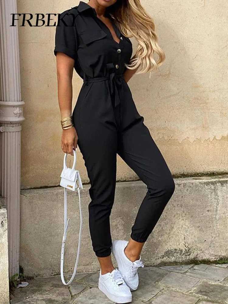 Womens casual lapel lace printed work belt jumpsuit womens one-piece tight fitting clothing womens fashionable and elegant long jumpsuit X250318