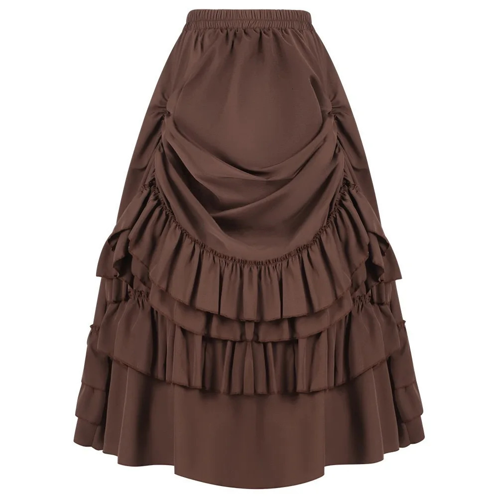 Brown Ruffled High Waisted Long Victorian Skirt Steampunk Skirts Womens Party Wear Gothic Vintage Clothes Medieval Costume Sexy 250318