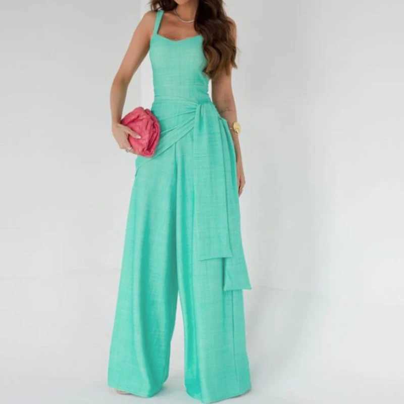 Office Fashion Waist Lace-up Long Jumpsuits Women Elegant Slveless Solid Party Rompers Summer Casual Loose Playsuits Overalls X250318