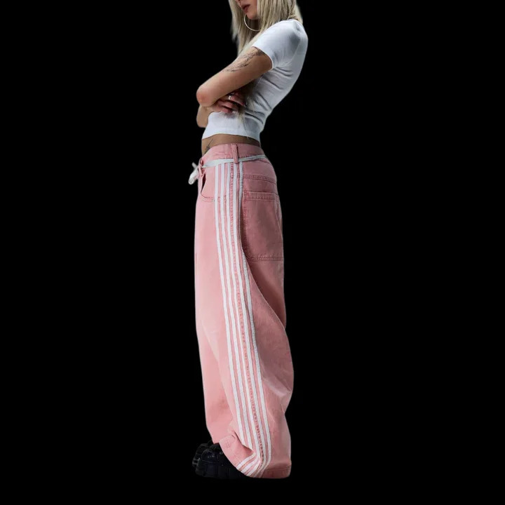 Korean Trend Kawaii Pink Striped Embroidery Baggy Jeans Womens Y2K Harajuku Hip-Hop Gothic Street High Waist Wide Trousers 250318