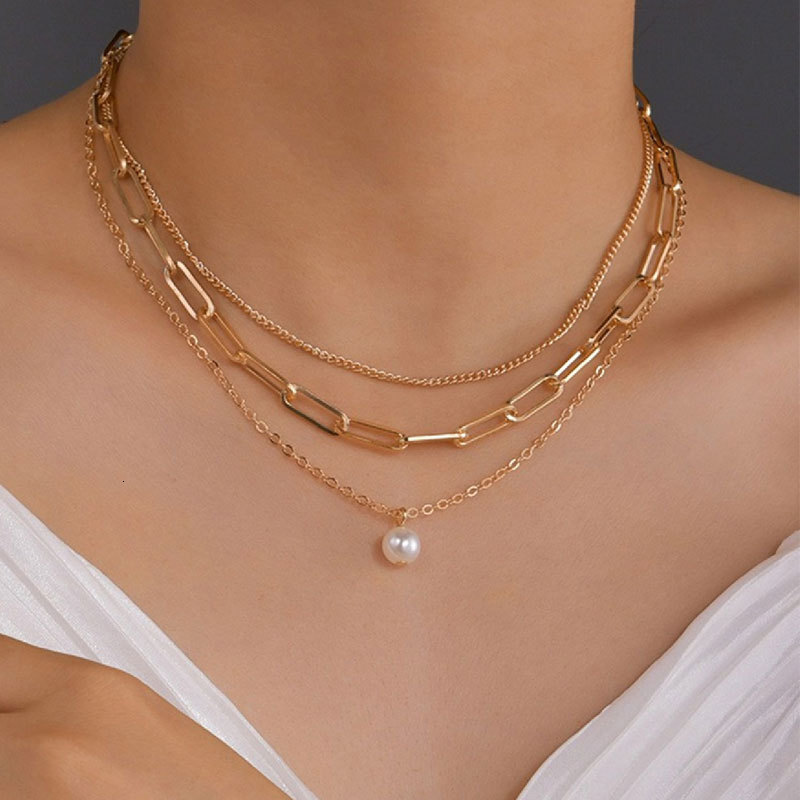 Three Layers Of Metal Chain Imitation Pearl Pendant Necklace Women's Multiple Layers Of Choker Collarbone Chain