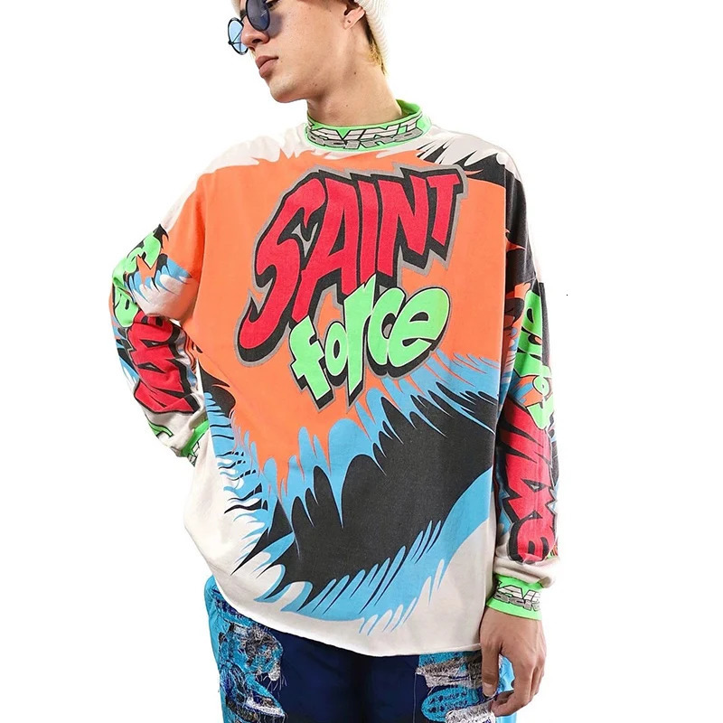 Quality Cotton Racing Style Oversized T Shirt Men Women Vintage Color Blocking Graffiti Saint Micheal Long Sleeve T-Shirt 250318