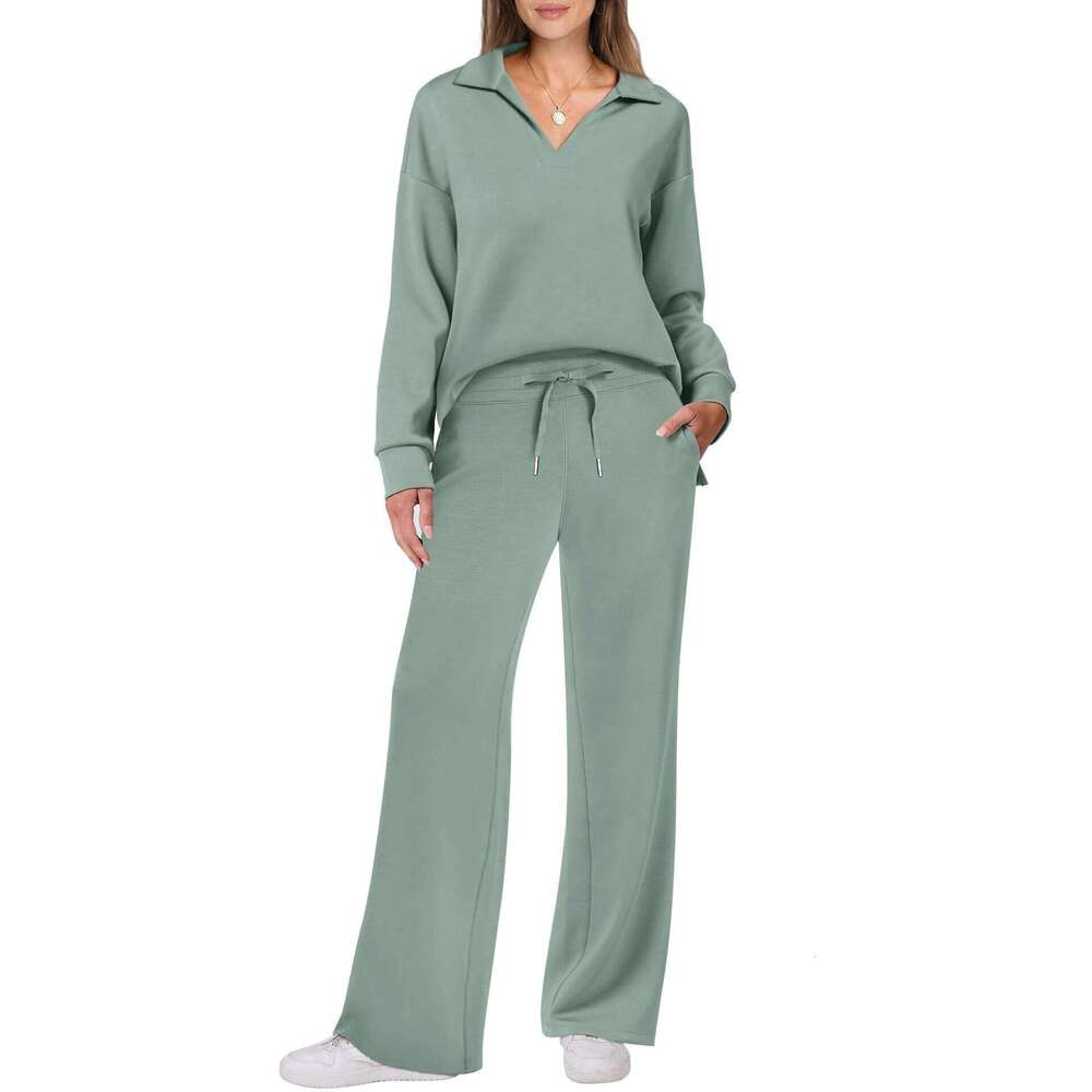 European and American Autumn/Winter Women's Long Sleeve Drawstring Solid Color Commuter Pants Set for Women 2025 New Casual Versatile Fashion Clo