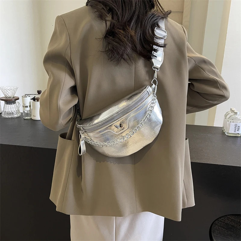 Womens luggage casual banana bag fashionable cross shaped bag womens chain handbag womens waist bag half moon belt bag 250317