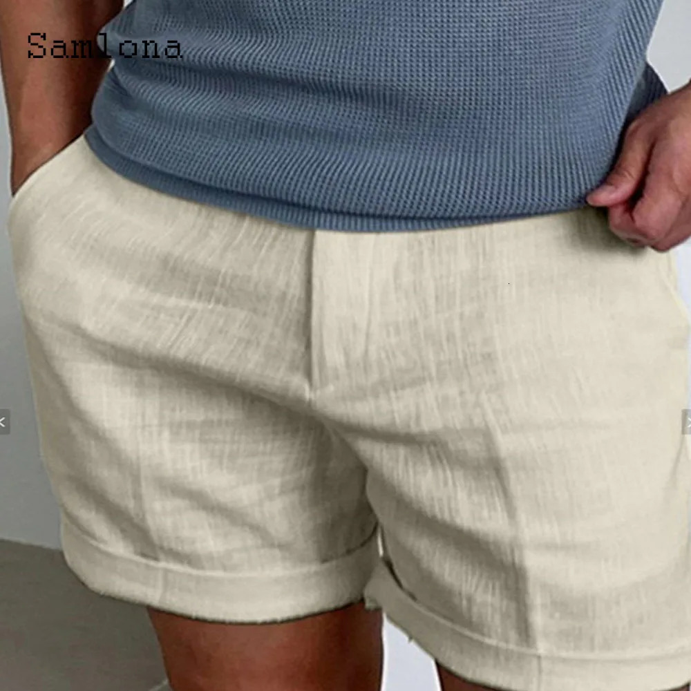 Mens Vintage Boho Cotton Linen Shorts 2024 European Style Casual Beach Short Cross-pant Solid White Khaki Drawstring pants250312