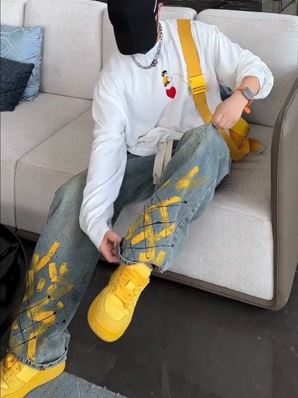 Hand Drawn Inkjet Men Jeans Printed Fashion Y2K Pants Korea Clothes Straight Hip Hop Trousers Male Streetwear