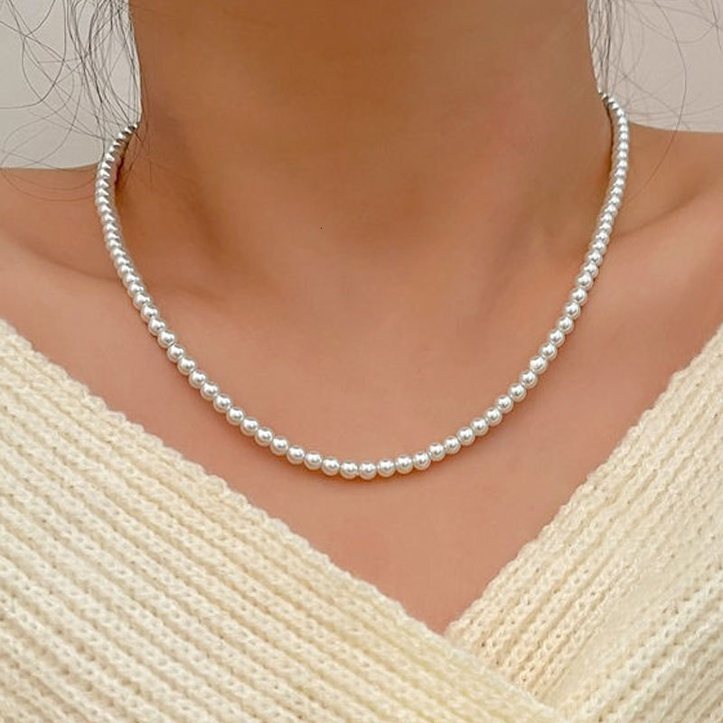Glass Imitation Pearl Necklace Women 4/6/8/10/12mm Choker Collarbone Chain Jewelry
