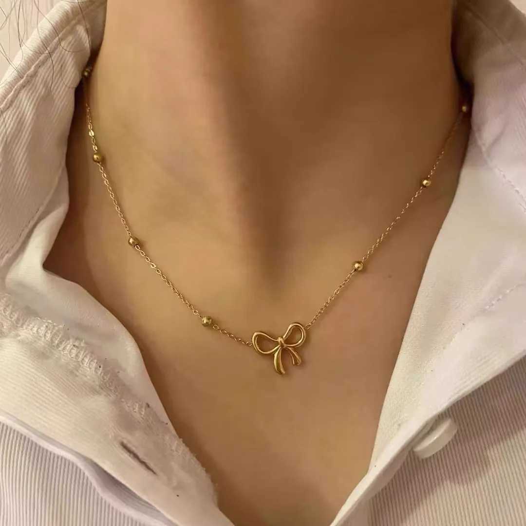 ASONSTEEL Sweet Bow Pendant Necklace Stainless Steel Womens Fashion Charm Jewelry Waterproof Gold Plated Gloss Jewelry Gift W250318