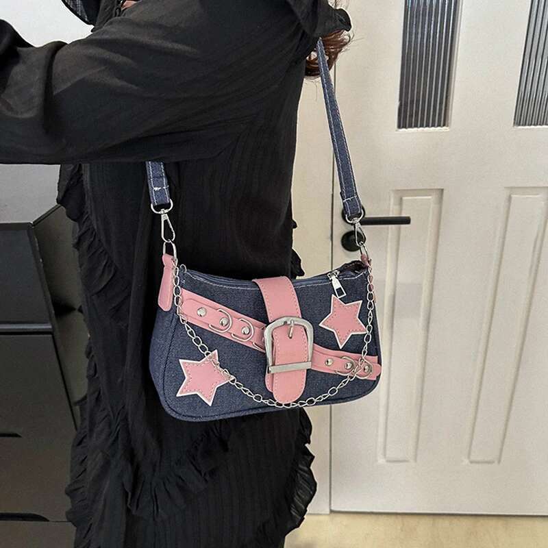 Handbags Y2k Women's Stars Pattern Cool Girls Underarm Bag Fashion Canvas Female Small Shoulder Bags Chain Tote Purses