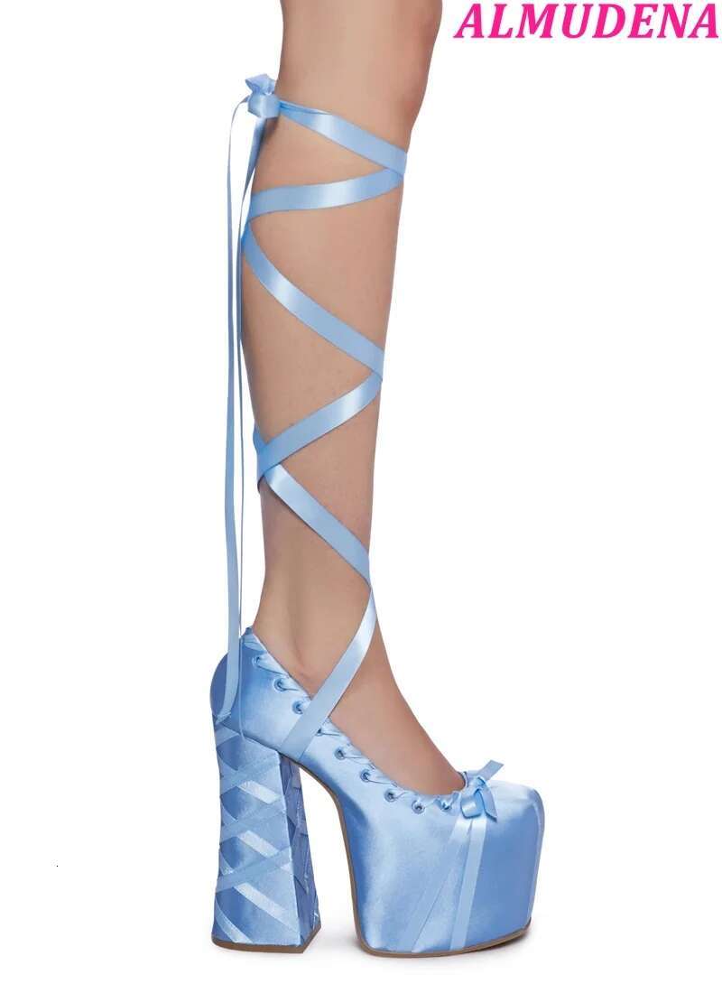 2024 New In Satin Lace Up Mary Jane Shoes Women Pink/Blue Cute Chunky Heel Platform Pumps Designer Party Lolita High Heels
