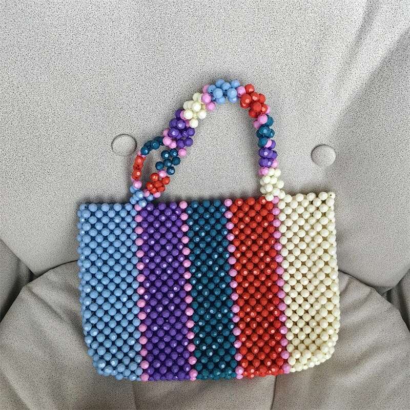 Meet You Fahsion Colorful Striped Beaded Handbag Fashion Hand-Woven Acrylic Bead Evening Clutches Color Contrast Rainbow Bag