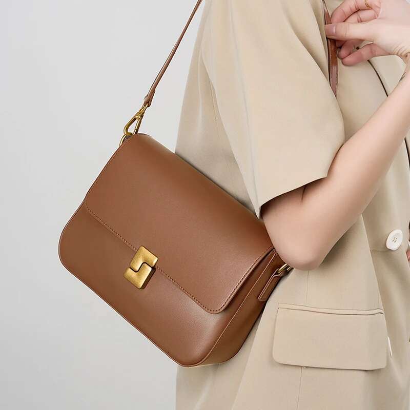 Women's Versatile Commuting Single Shoulder Small Square Cowhide Bag Leather New Fashionable Crossbody Bag,