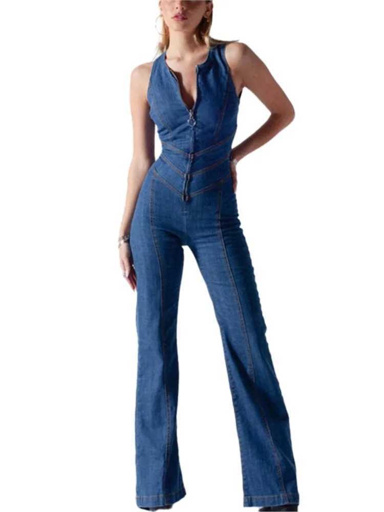 Fashion retro style strapless denim jumpsuit womens solid color sexy backpack free Hip ultra-thin jumpsuit womens Strtwear 2024 X250318