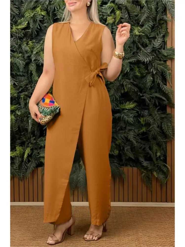Elegant Womens V Neck Lace Up Jumpsuit Summer Slveless Hollow Out Solid Color Office Playsuit Casual Strtwear Loose Romper X250318