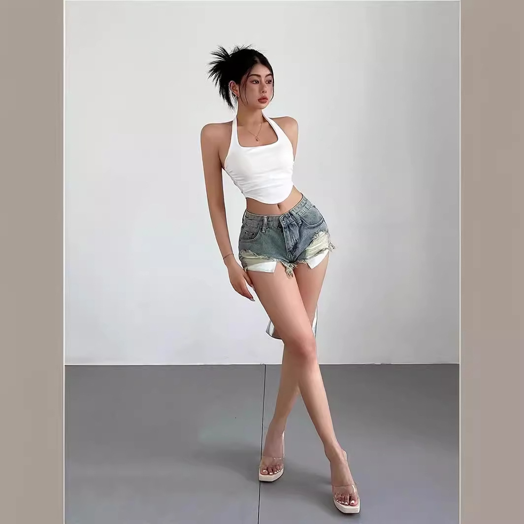 Low Waisted Women's Shorts Spicy Girl With Ripped Denim Shorts Summer Style Slimming Look Exposed Pockets A-line Tassel Fringed Hot Pant