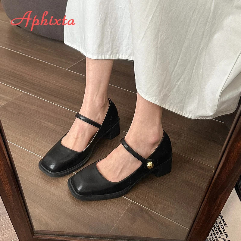 Aphixta Low Heels Mary Janes Square Heels Patent Leather Pumps Shoes Woman Classics Dress Official Pumps Party Plus Size 43 250318