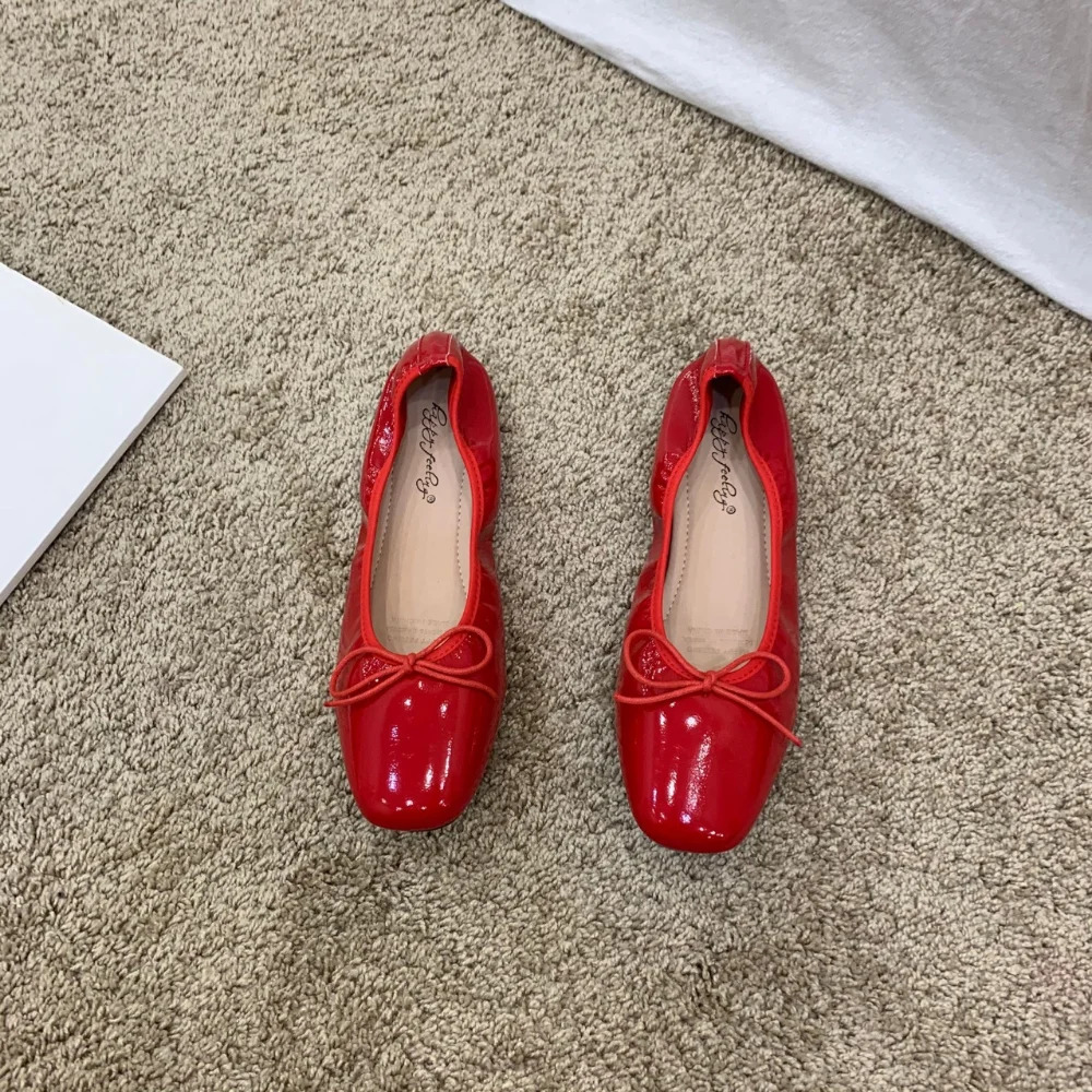 Retro Ultra-soft Women Shoe Spring Bow Red Flat Sole Single Shoe Leisure Comfortable Leather Shoe Ballet Shoe Zapatos Mujer 250318
