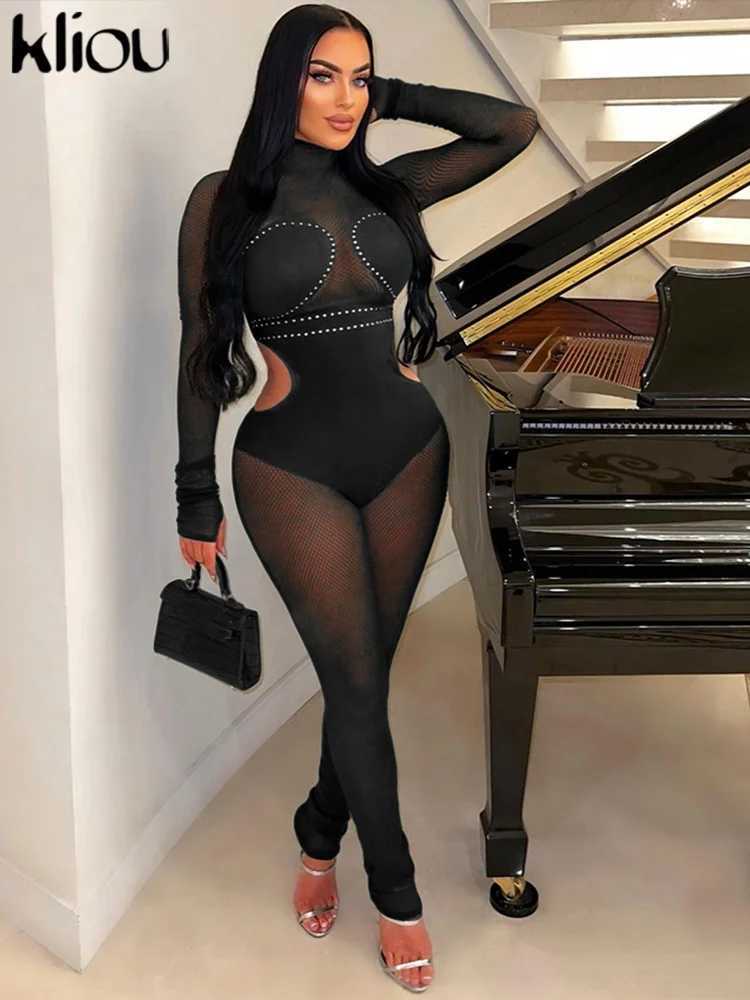Nail Mesh Patchwork Jumpsuits Women Solid S Through Autumn Long Sleeve Cut Out Skinny Overalls Female Midnight Party Clothing X250318