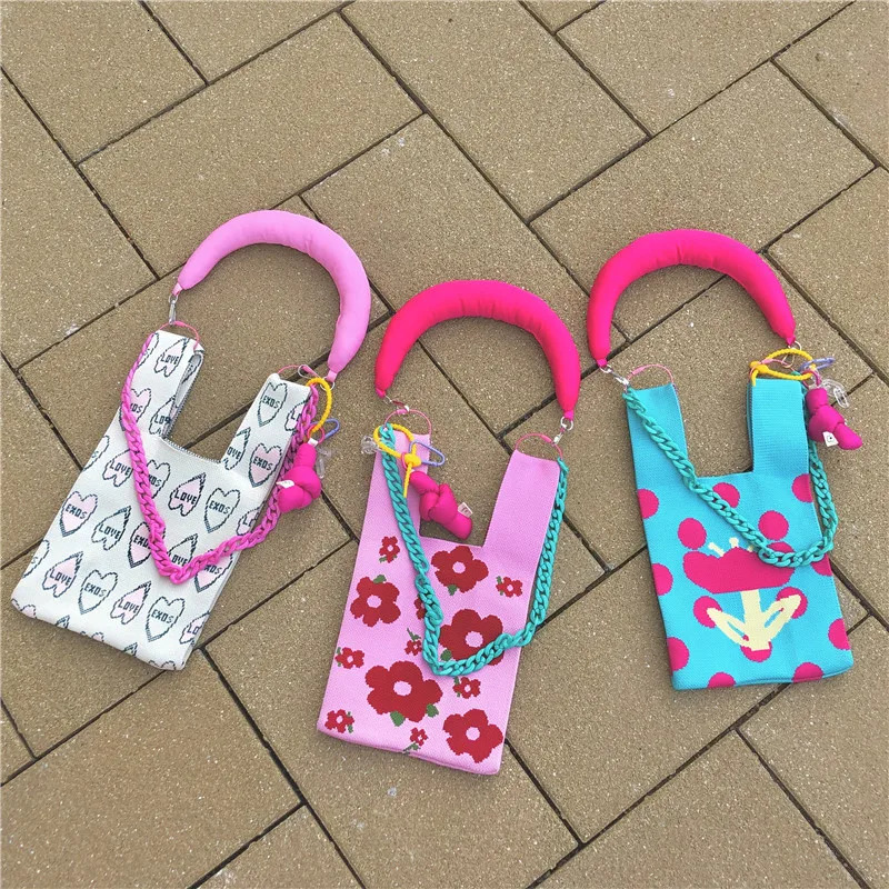 1Pc Knitted Small Bag Extension Belt Wrist Bag Colorful Pull Button Case Shoulder Strap Korean Fashion Bag Pendant Accessories 250318