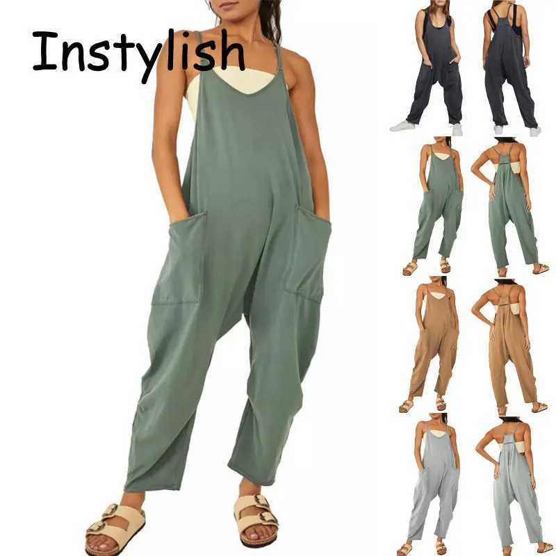 Womens casual spaghetti shoulder strap Sveless jumpsuit retro Harajuku wide leg loose pants summer solid oversized pants X250318