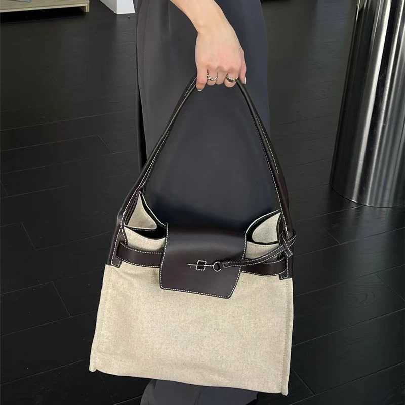 Brand Shoder Bag For Wen Contrast Color Retro Canvas Handbag ing Large Capaci Totebag Pin Buckle Design Underarm Bag Z250318