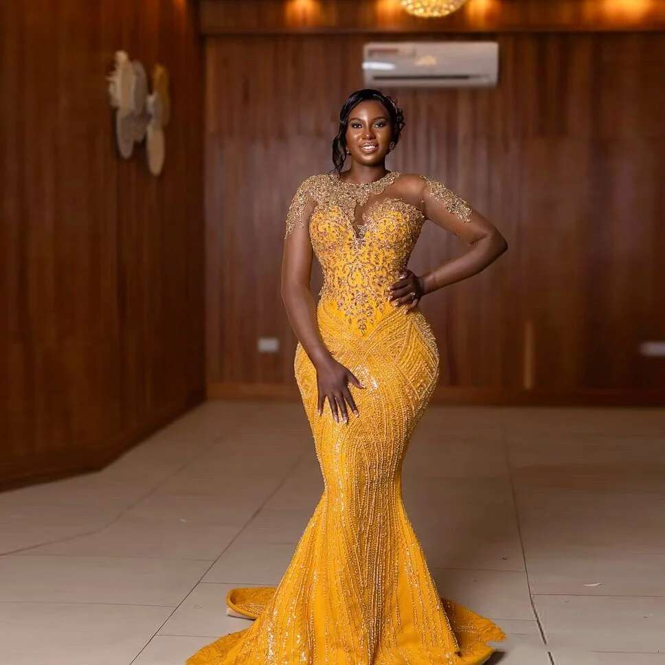 Dresses Gold Sequin Elegant Full Prom Dress Illusions Applique Sleeves Mermaid Gorgeous Evening Gowns Beaded Dr0318