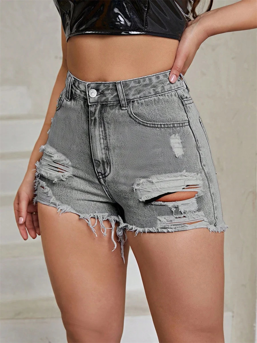 Benuynfy vintage washed torn denim shorts for womens summer high waisted casual streetwear twisted hem jeans shorts for women 250314