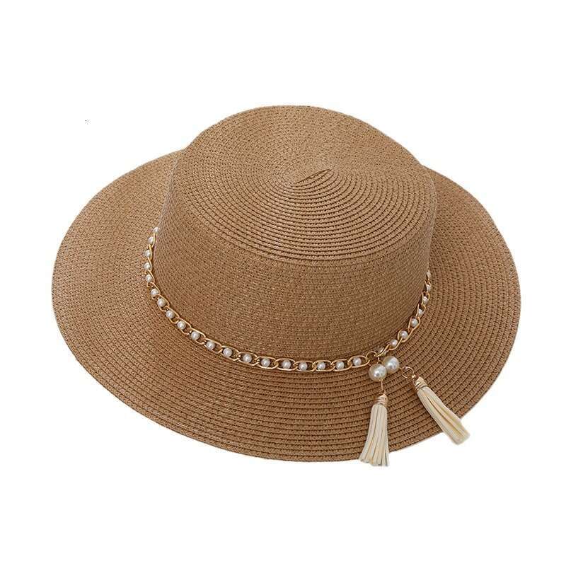 Summer flat topped straw hat with pearl chain, women's British top travel Korean version beach sun hat, trendy