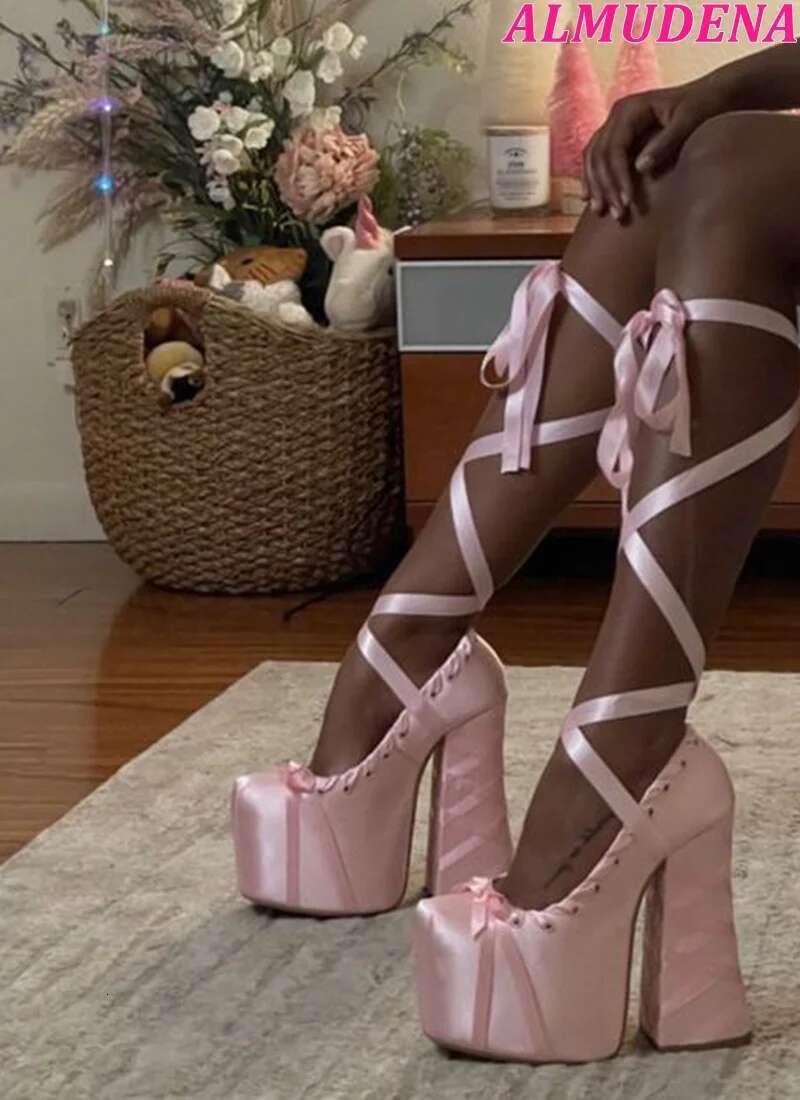 2024 New In Satin Lace Up Mary Jane Shoes Women Pink/Blue Cute Chunky Heel Platform Pumps Designer Party Lolita High Heels