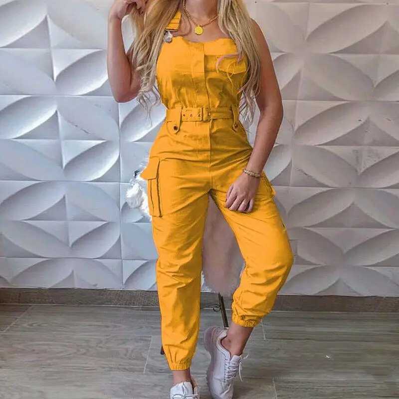 2024 Yellow Jumpsuits Women Casual Cargo Playsuit Slveless O Neck Jumpsuit With Pocket Belt Elegant Pencil Pants Slim Overalls X250318